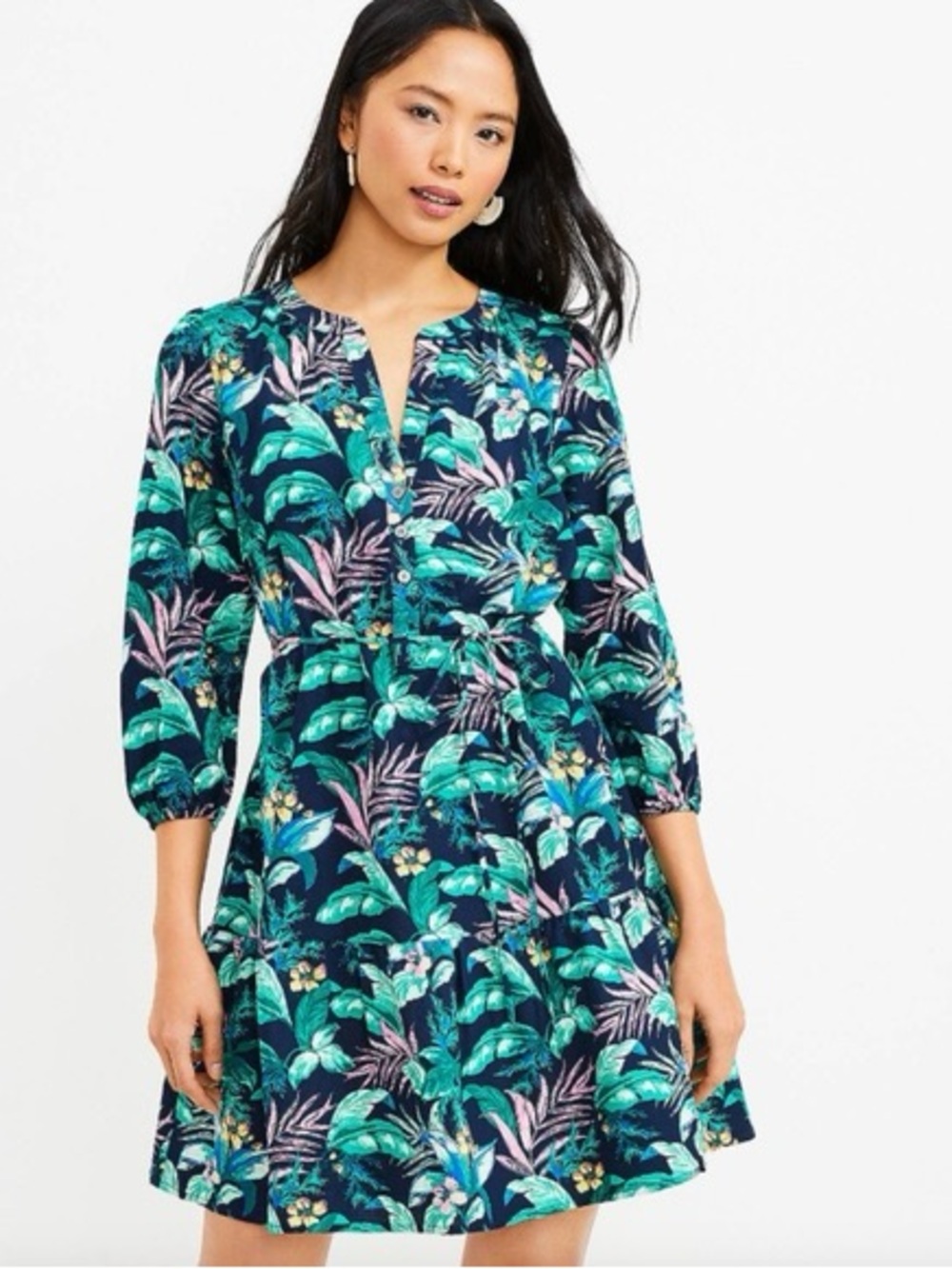 LOFT SP Green Pink Tropical Palm Henley Flounce Shirtdress